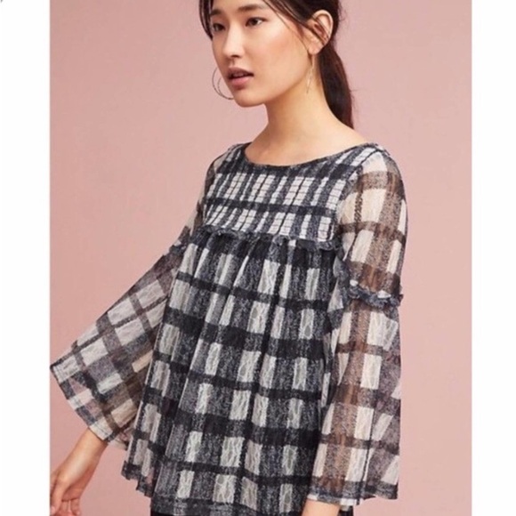 Anthropologie Tops - AKEMI + KIN Patrizia Sheer Buffalo Check Plaid Long Sleeve Top Black White XS